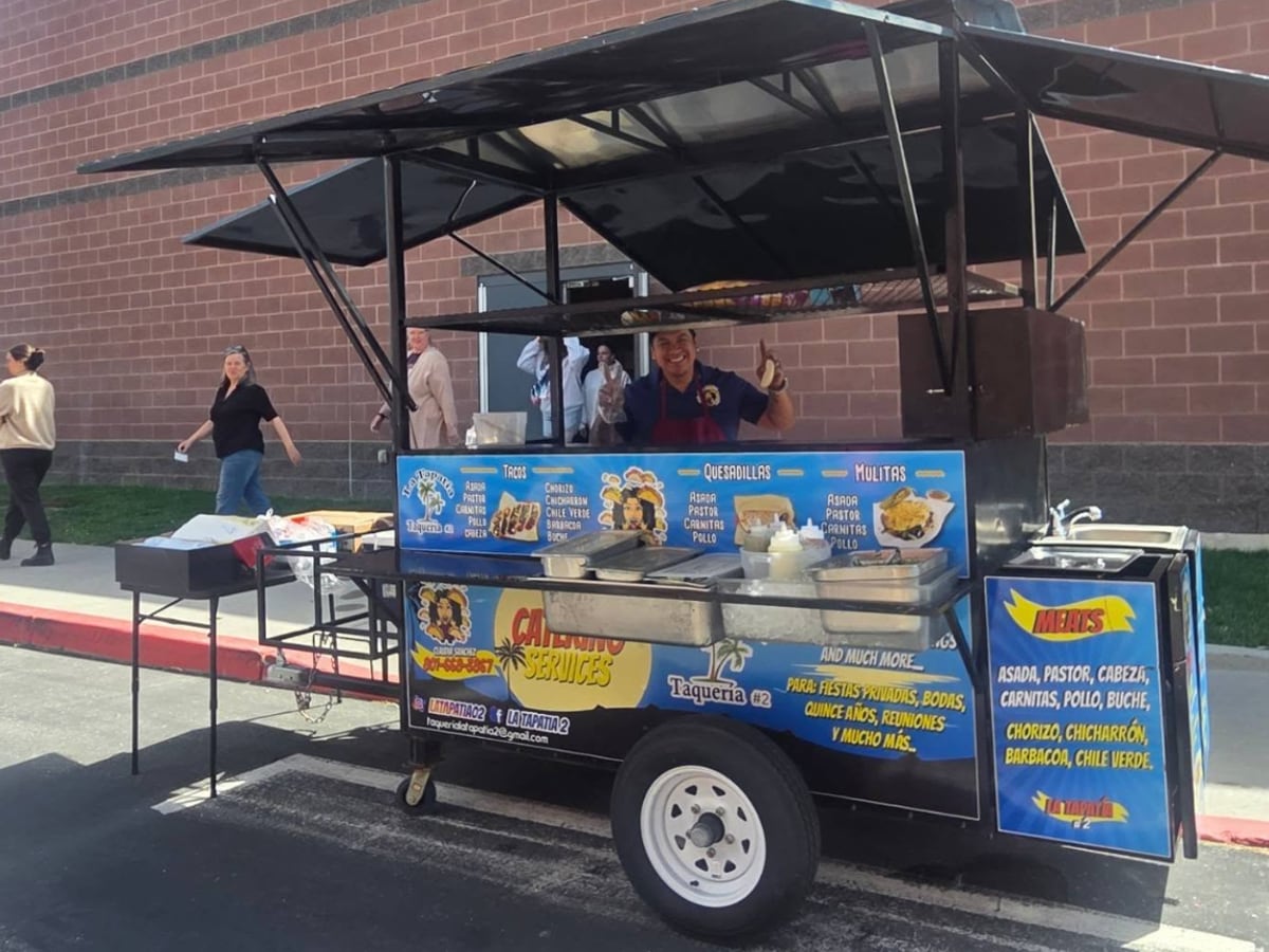 The La Tapatía #2 catering trailer set up outside an office building