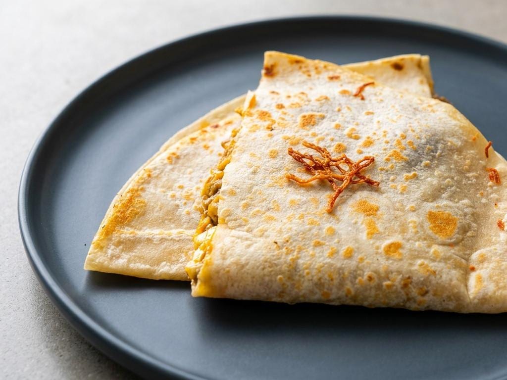A folded quesadilla with crisp cheese at the edges
